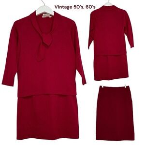 Vintage Abraham & Strauss Red Knit Wool 2 Piece Skirt Set Italian Jackie O Retro